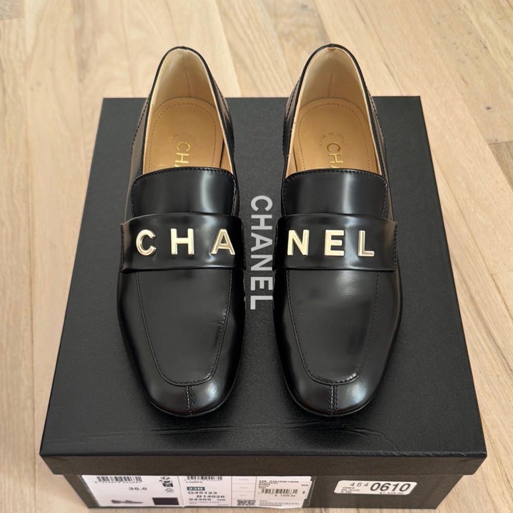 CHANEL Black Shiny Calfskin & Metal Loafers